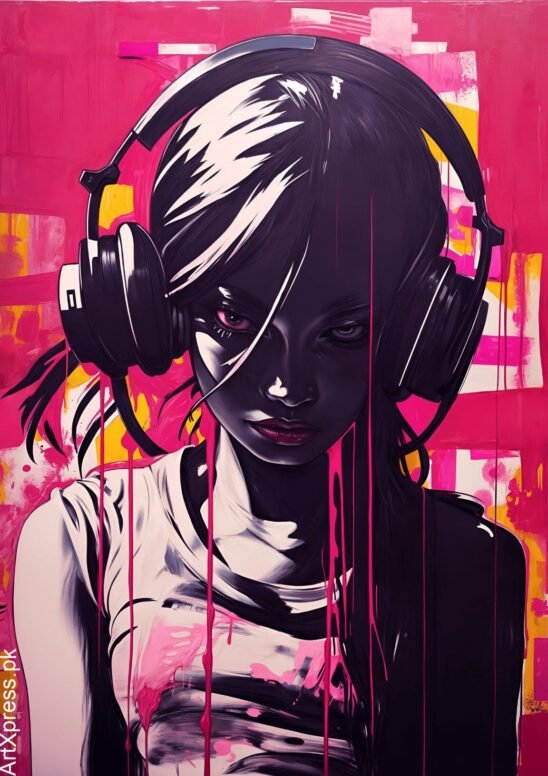 Girl In Headphone Illustration Metal Poster