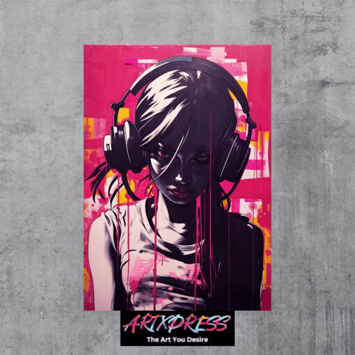 Girl In Headphone Illustration Metal Poster