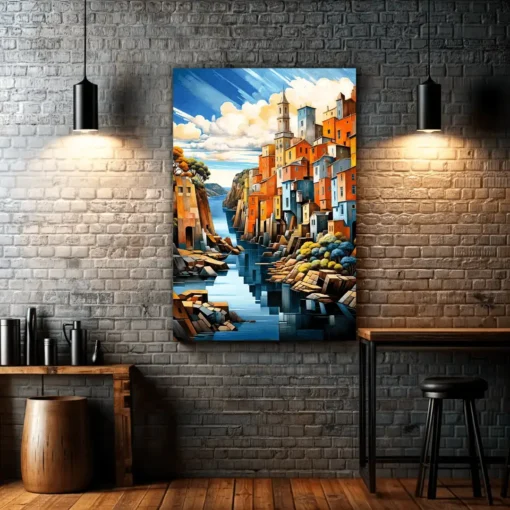 Colorful Village River | Metal Poster