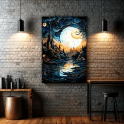 Ethereal Glow Shines on The Starry Night Village | Metal Poster