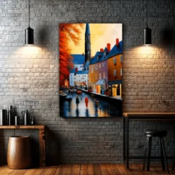 Golden Hues Illuminate Tranquil Sunset Village | Metal Poster