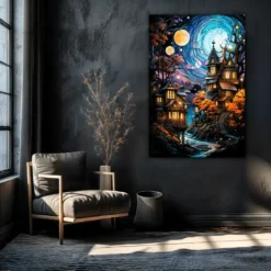 Astral Serenity Stars Shine Over Peaceful Village | Metal Poster