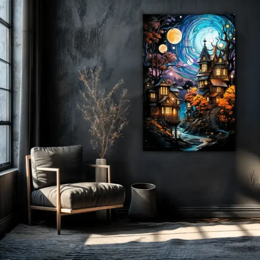 Astral Serenity Stars Shine Over Peaceful Village | Metal Poster