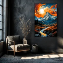 Amber Sunset Graces Mountains And River | Metal Poster