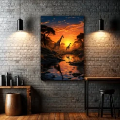 Sunset Dropping Giraffes Walking in The Shade | Metal Poster