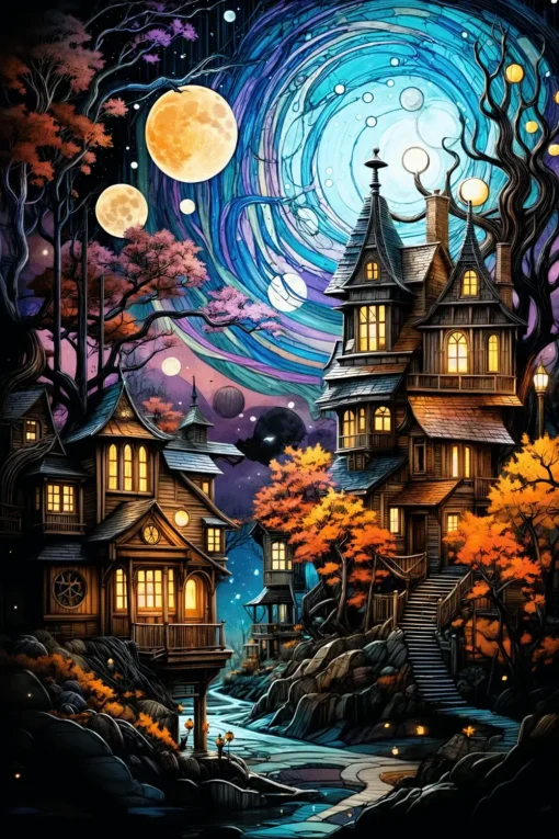 Astral Serenity Stars Shine Over Peaceful Village | Metal Poster