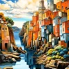 Colorful Village River | Metal Poster