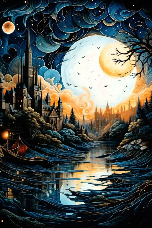 Ethereal Glow Shines on The Starry Night Village | Metal Poster