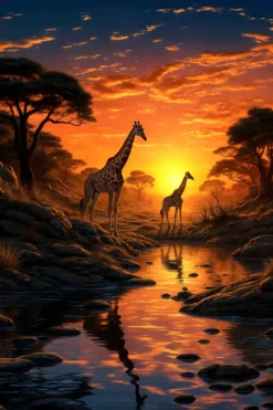 Sunset Dropping Giraffes Walking in The Shade | Metal Poster