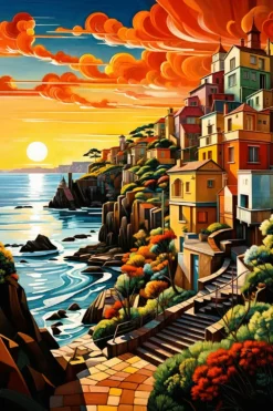 Whimsical Waters Pastel Village by The Sea | Metal Poster