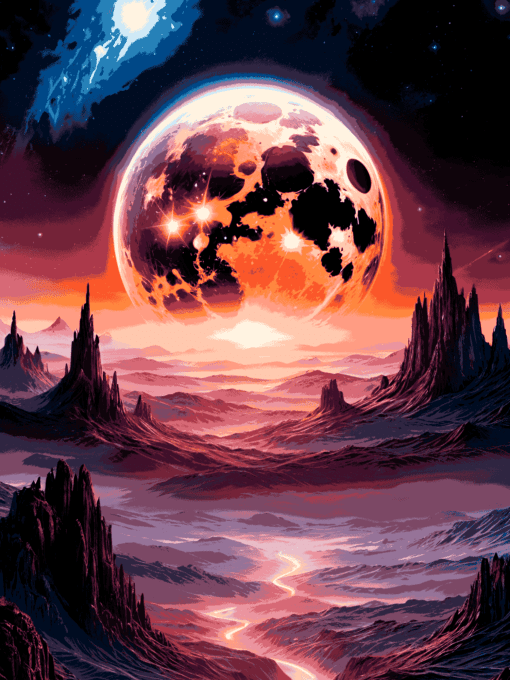 A Mountain Landscape with a River and a Planet | Metal Poster