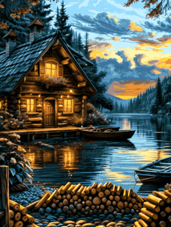 Luminous Retreat_ Serene Lake Cabin at Dusk | Metal Poster