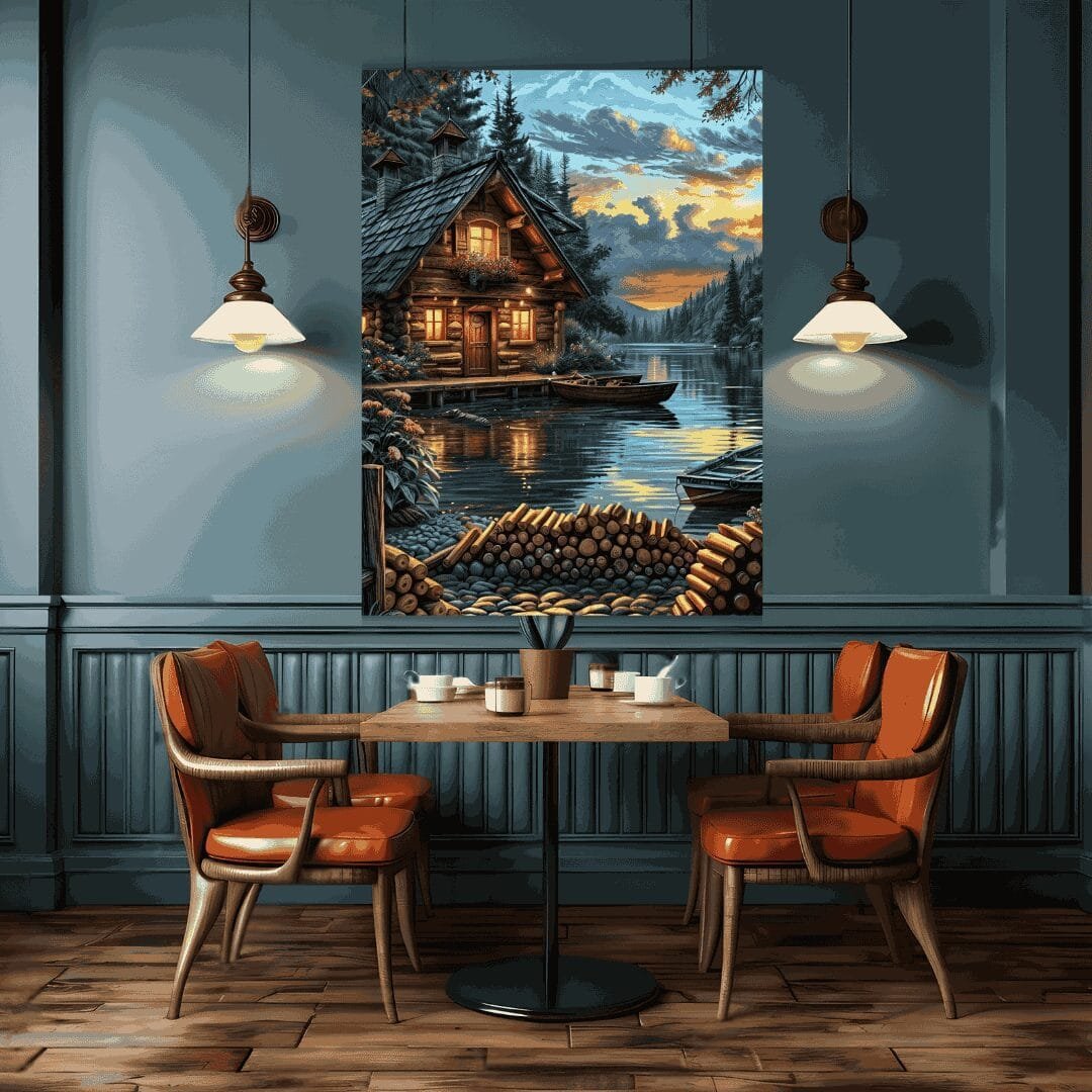 Luminous Retreat_ Serene Lake Cabin at Dusk | Metal Poster