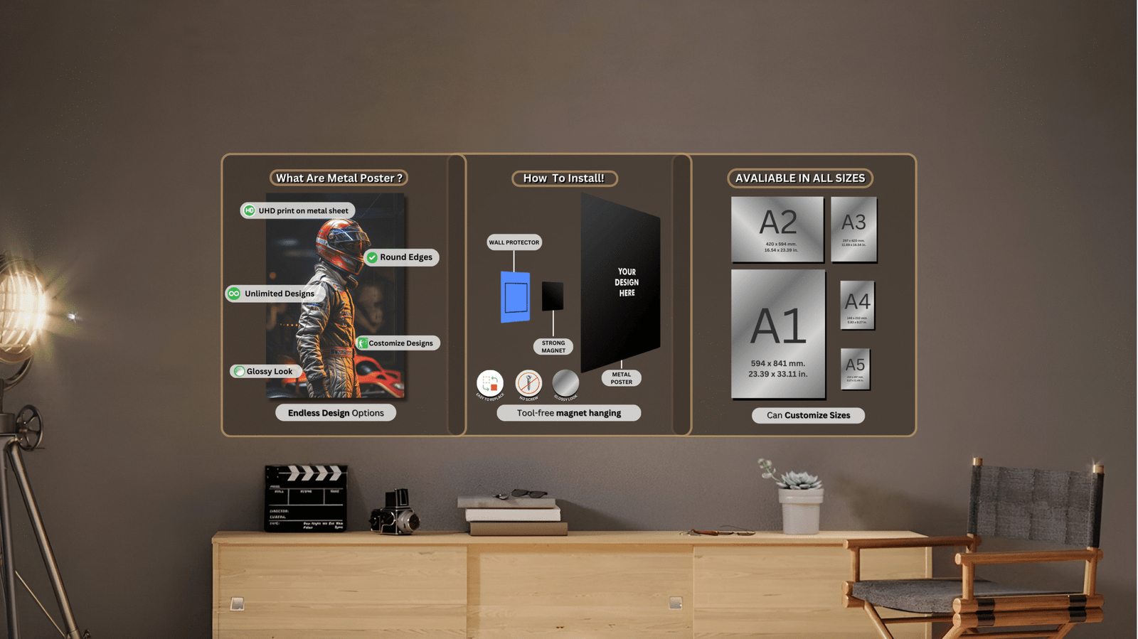 What are metal posters - UHD printed customizable glossy wall art with tool-free magnet installation and multiple size options