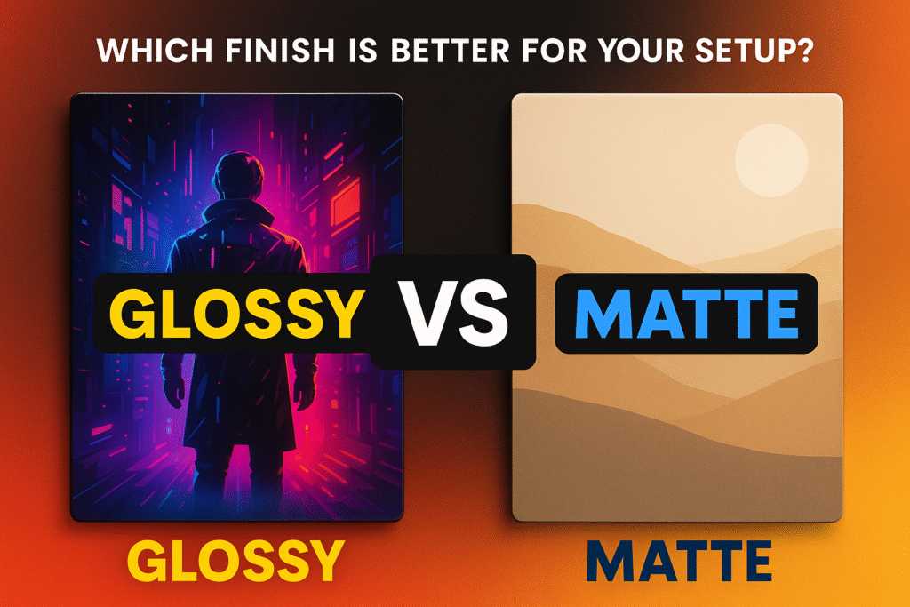 Glossy vs matte metal posters comparison thumbnail with vibrant poster designs showcasing both finishes side by side