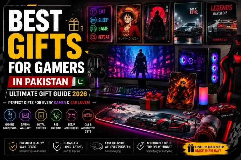 Best gifts for gamers in Pakistan featuring gaming mousepads, anime posters, automotive wall art, RGB gaming setup accessories, premium metal posters, and aesthetic gaming room decor