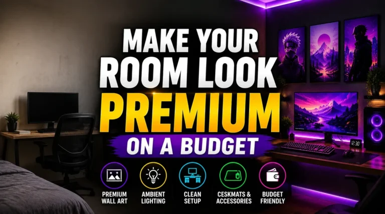 Aesthetic gaming room setup with RGB ambient lighting, premium metal posters, anime wall art, modern desk setup, large gaming mousepad, and luxury bedroom decor ideas on a budget in Pakistan
